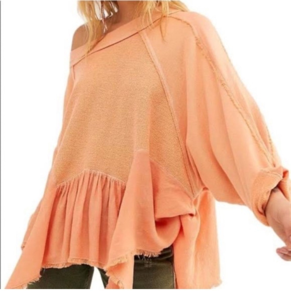 Free People Gold Off Shoulder Boho Balloon Sleeve Ruffle Hem Sweater Size XS